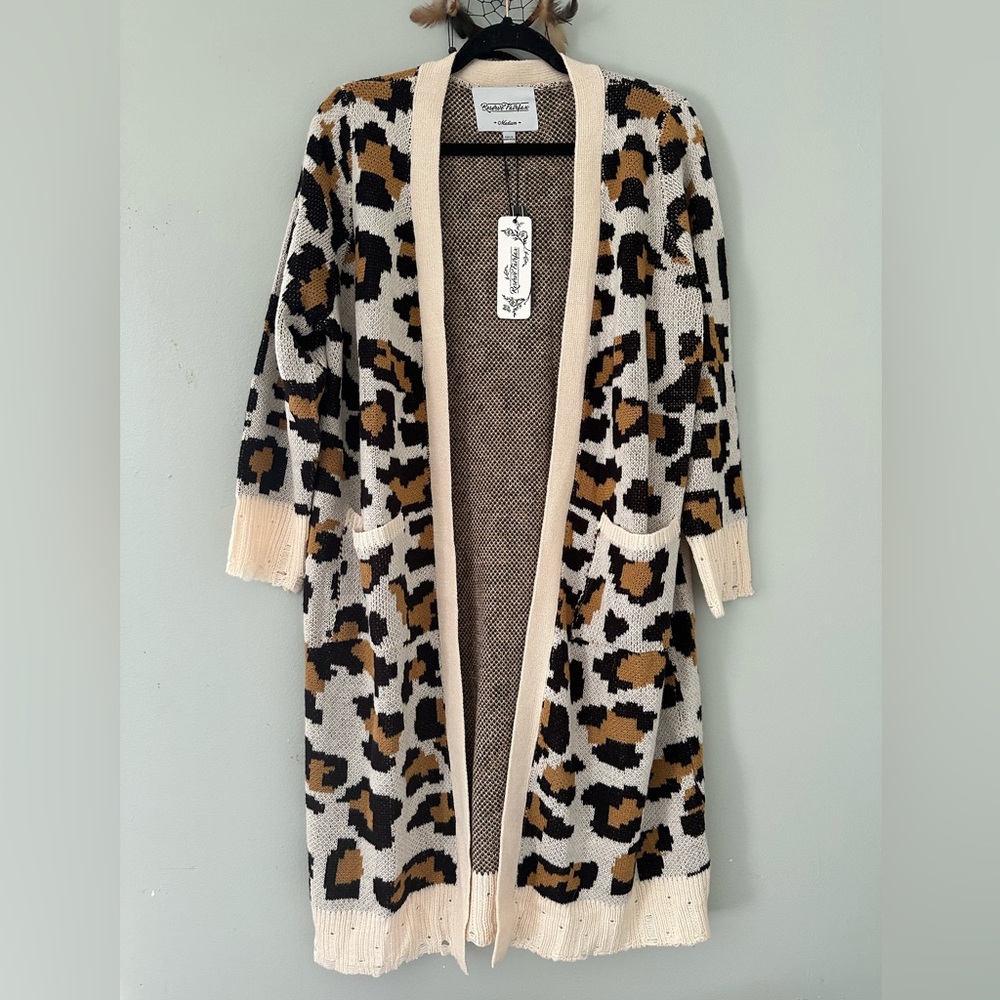 Leopard Animal Print Longline Open Cardigan Sweater Size Medium NWT Cozy Knit